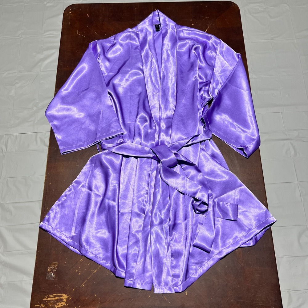 iCollection Purple Satin Kimono Robe Plus Size 1X/2X Short Tie Waist 7893X Mens